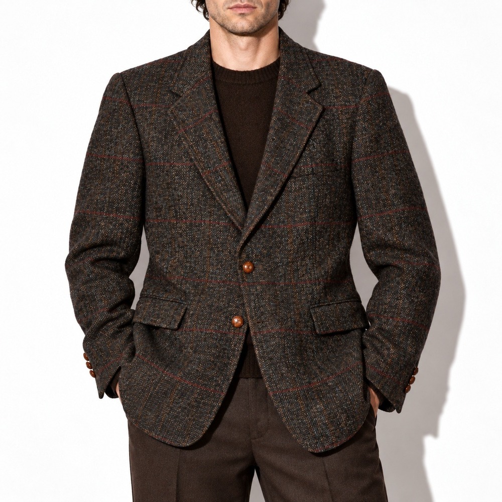 70s Vintage Levis Plaid Tweed Blazer Mens 42L Brown Wool Sport Coat USA